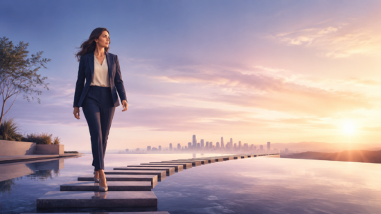 Confident professional woman walking across evenly spaced stepping stones toward a glowing sunrise and city skyline.